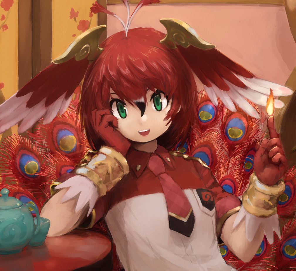 1girl antenna_hair arm_rest arm_support bangs bird_wings bracelet collared_shirt cup fire gloves hair_between_eyes hand_on_own_cheek hands_up head_rest head_wings indoors japari_symbol jewelry kemono_friends leaning_to_the_side looking_at_viewer medium_hair multicolored_hair open_mouth peacock_feathers redhead rumenia_(ao2is) shirt smile solo suzaku_(kemono_friends) table upper_body upper_teeth white_hair wing_collar wings