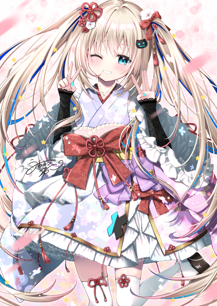 1girl black_footwear blonde_hair blue_eyes blue_hair blue_nails bow commentary_request flower grin hair_bow hair_flower hair_ornament hands_up indie_virtual_youtuber japanese_clothes kimono long_hair long_sleeves multicolored_hair nail_polish obi one_eye_closed platform_footwear purple_kimono red_bow red_flower sash signature sleeves_past_wrists smile solo standing standing_on_one_leg streaked_hair thigh-highs twintails uchuuneko uchuuneko_(vtuber) very_long_hair virtual_youtuber white_flower white_thighhighs wide_sleeves
