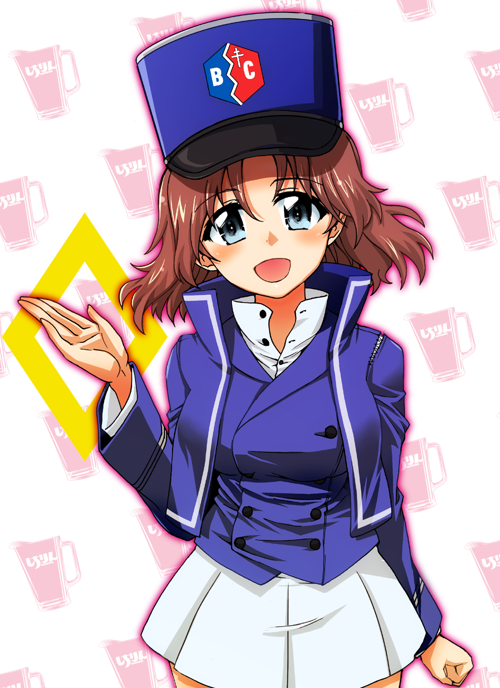 1girl :d alcohol azumi_(girls_und_panzer) bangs bc_freedom_(emblem) bc_freedom_military_uniform beer blue_eyes blue_headwear blue_jacket blue_vest brown_hair clenched_hand commentary cowboy_shot cup diamond_(shape) dress_shirt emblem eyebrows_visible_through_hair fujimaru_arikui gesture girls_und_panzer hat high_collar highres jacket kepi long_sleeves looking_at_viewer medium_hair military military_hat military_uniform miniskirt mug open_mouth partially_unbuttoned pleated_skirt school_connection shirt skirt smile solo standing torn_clothes torn_jacket undersized_clothes uniform vest white_shirt white_skirt