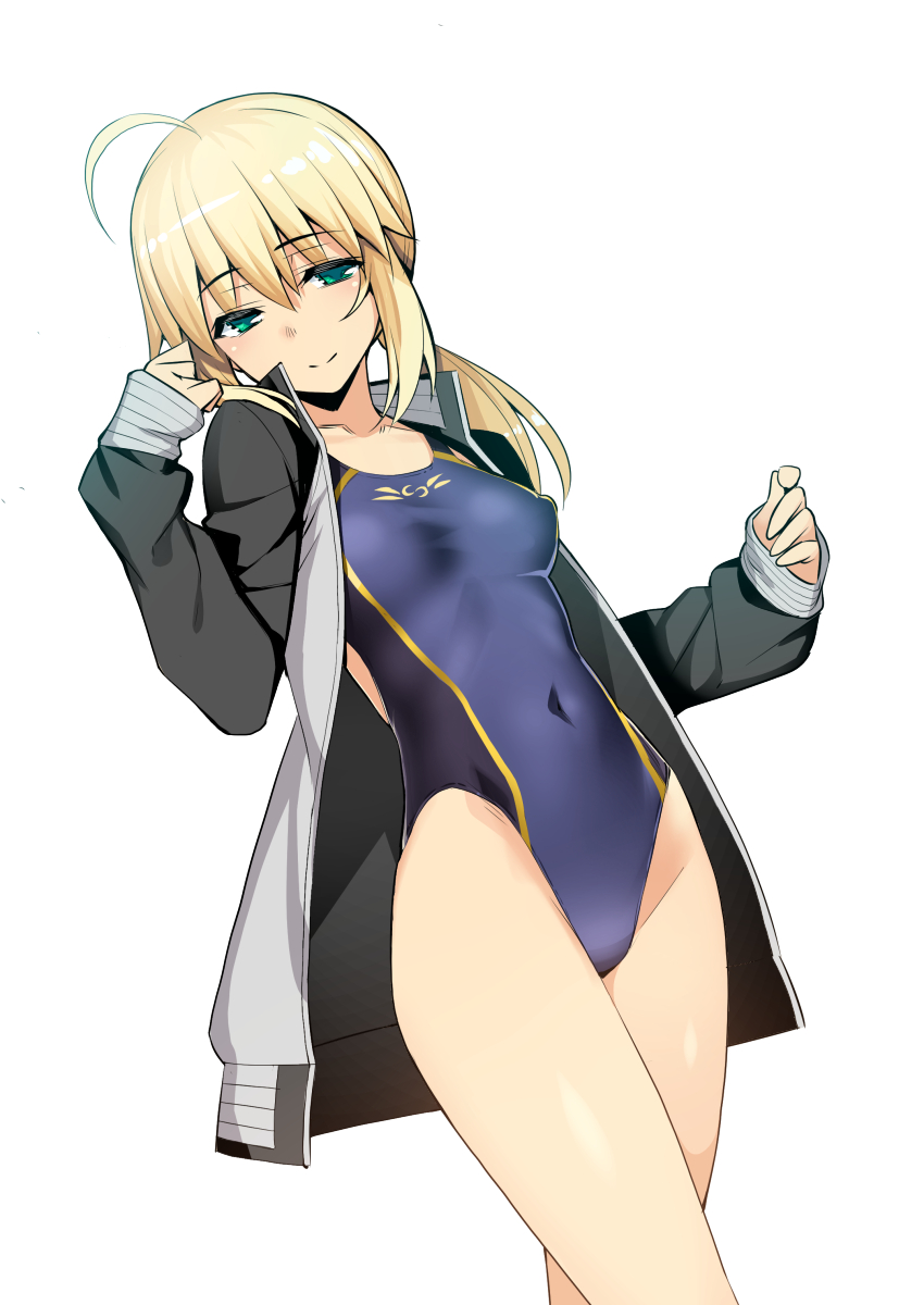 1girl ahoge artoria_pendragon_(all) bangs black_footwear blonde_hair blue_swimsuit breasts collarbone covered_navel fate/grand_order fate_(series) green_eyes grey_jacket highleg highleg_swimsuit highres jacket long_hair long_sleeves looking_at_viewer low_ponytail namonashi one-piece_swimsuit open_clothes open_jacket saber sidelocks simple_background small_breasts swimsuit thighs white_background