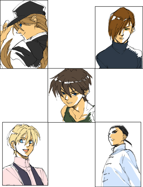 5boys aqua_eyes bangs black_hair blonde_hair braid brown_hair chang_wufei chinese_clothes collarbone duo_maxwell expressionless face green_eyes gundam gundam_wing heero_yuy looking_at_viewer male_focus metricmaile multiple_boys open_mouth portrait quatre_raberba_winner short_hair single_braid teeth trowa_barton upper_body