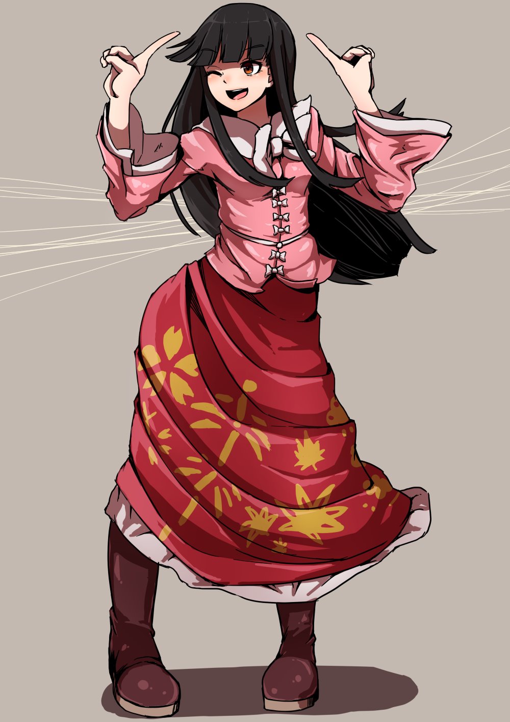 1girl black_hair boots brown_eyes brown_footwear commentary_request eyebrows_visible_through_hair highres hime_cut houraisan_kaguya long_hair long_skirt looking_to_the_side one_eye_closed open_mouth pigeon-toed pink_shirt pose red_skirt shadow shirt skirt smile solo standing starraisins touhou wide_sleeves