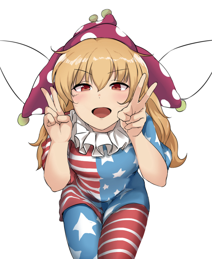 1girl american_flag_dress american_flag_legwear blonde_hair clownpiece double_v dress fairy_wings hat jester_cap kachobi_(user_atuh5854) long_hair looking_at_viewer neck_ruff open_mouth pantyhose polka_dot purple_headwear red_eyes short_sleeves simple_background smile solo star_(symbol) star_print striped touhou v white_background wings