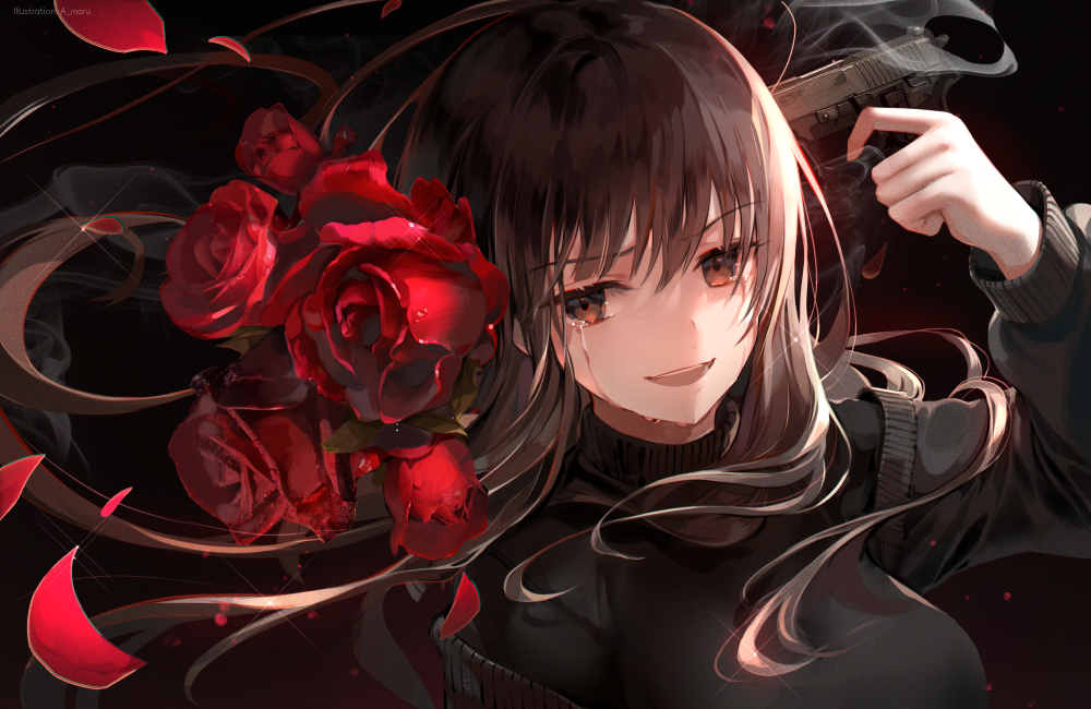1girl :d artist_name bangs breasts brown_eyes commentary_request flower gradient gradient_background gun gun_to_head hair_flower hair_ornament handgun holding holding_gun holding_weapon large_breasts long_hair long_sleeves looking_at_viewer open_mouth original petals pistol red_flower red_rose rose smile solo steam sweater tears unity_(ekvmsp02) upper_body upper_teeth weapon