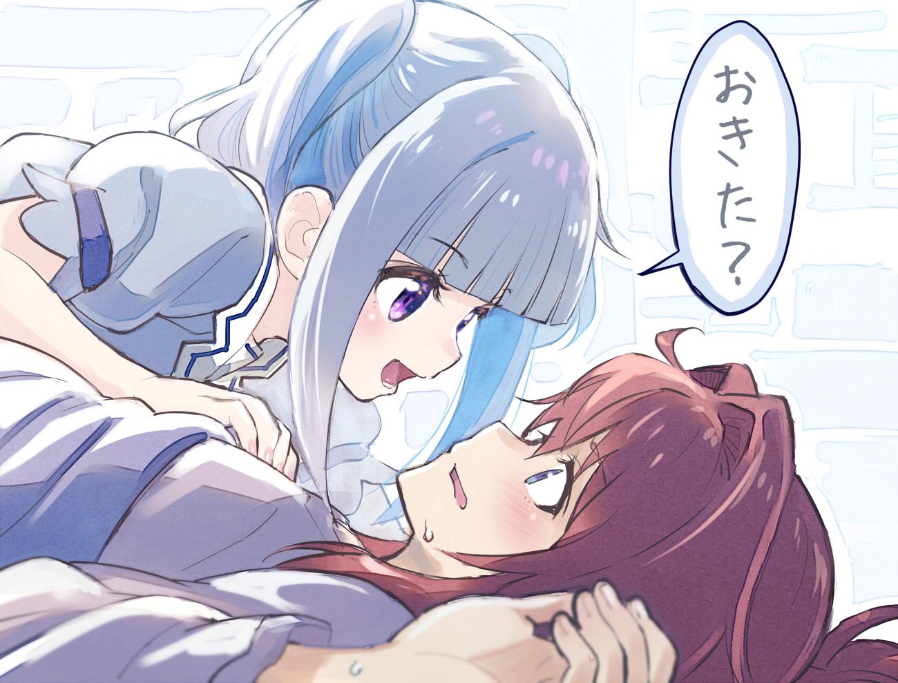 2girls ange_katrina bangs blanket blue_eyes blunt_bangs commentary_request eyebrows_visible_through_hair hair_between_eyes lize_helesta looking_at_another lying lying_on_person multiple_girls nijisanji on_back open_mouth pajamas redhead sakino_shingetsu short_hair sidelocks silver_hair sweatdrop translation_request two_side_up violet_eyes virtual_youtuber