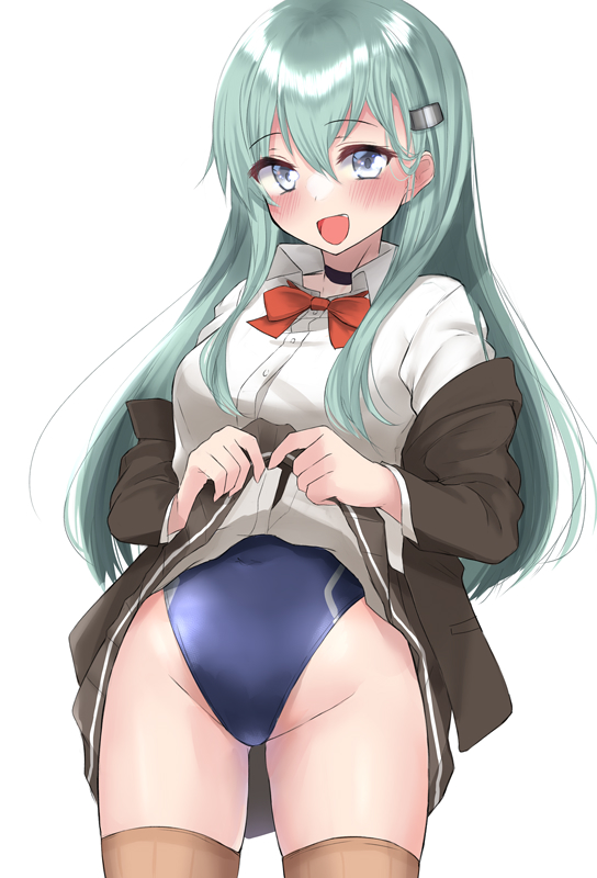 1girl :d bangs black_choker black_jacket black_skirt blazer blush bow breasts brown_legwear choker collared_shirt commentary_request competition_swimsuit dress_shirt eyebrows_visible_through_hair fang green_hair grey_eyes hair_between_eyes hair_ornament hairclip jacket kantai_collection lifted_by_self long_hair medium_breasts off_shoulder one-piece_swimsuit open_blazer open_clothes open_jacket open_mouth pleated_skirt red_bow sasakura_(calicchio) shirt simple_background skirt skirt_lift smile solo suzuya_(kantai_collection) swimsuit swimsuit_under_clothes thigh-highs very_long_hair white_background white_shirt