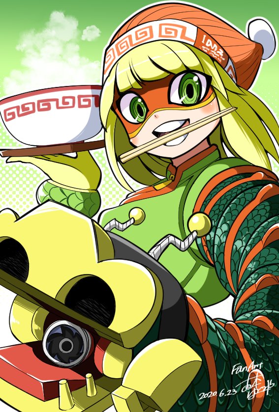 1girl 2020 arms_(game) artist_name bangs beanie blonde_hair bowl chopsticks dated domino_mask dragon_(arms) furumoto_yuuya green_eyes hand_up hat looking_at_viewer mask min_min_(arms) open_mouth orange_headwear outline short_hair smile solo steam teeth teeth_hold white_outline zipper_pull_tab