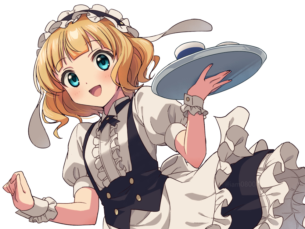 1girl :d animal_ears blonde_hair blue_eyes fleur_de_lapin_uniform frills gochuumon_wa_usagi_desu_ka? kirima_sharo looking_at_viewer maid_headdress open_mouth puffy_short_sleeves puffy_sleeves rabbit_ears sayshownen short_hair short_sleeves smile solo standing tray waitress white_background wrist_cuffs