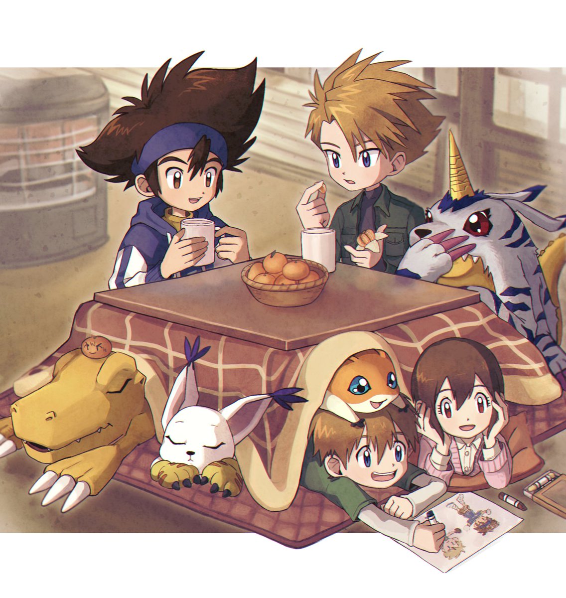 1girl 3boys animal_ears blue_eyes brown_hair cat_ears character_request child chinese_commentary claws crayon cup digimon digimon_(creature) drawing eating food fruit highres horns kitsune multiple_boys open_mouth orange_(fruit) pu_lyong red_eyes rug single_horn sleeping teeth