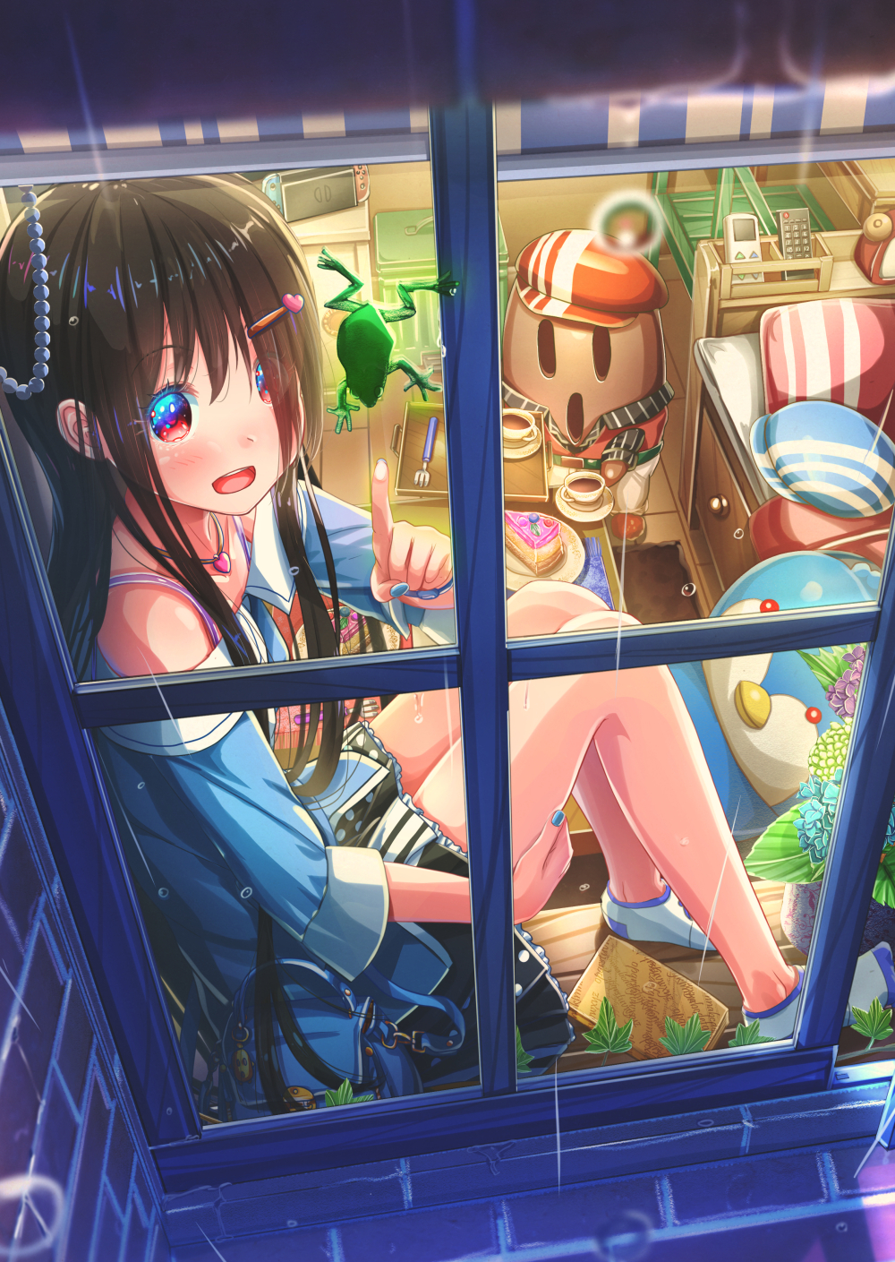 1girl :d abo_(kawatasyunnnosukesabu) alarm_clock animal bag black_hair blue_headwear blue_shirt cake clock commentary_request controller cup food fork frog from_outside hair_ornament hair_over_one_eye haniwa_(statue) hat hat_removed headwear_removed heart heart_hair_ornament heart_pendant highres index_finger_raised indoors long_hair looking_out_window nail_polish nintendo nintendo_switch no_shoes off-shoulder_shirt off_shoulder open_mouth original pointing rain red_eyes red_headwear remote_control saucer shirt shoulder_bag sitting skirt smile socks solo teacup window