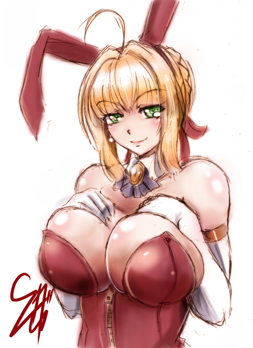 1girl ahoge animal_ears bare_shoulders blonde_hair bow braid breasts clip_studio_paint_(medium) detached_collar earrings elbow_gloves eyebrows_visible_through_hair fate/grand_order fate_(series) gloves graphite_(medium) green_eyes hair_bow hair_intakes hand_on_breast jewelry large_breasts looking_at_viewer mechanical_pencil nero_claudius_(fate) nero_claudius_(fate)_(all) pencil rabbit_ears red_bow smile smirk solo suga_leon traditional_media type-moon white_background zipper