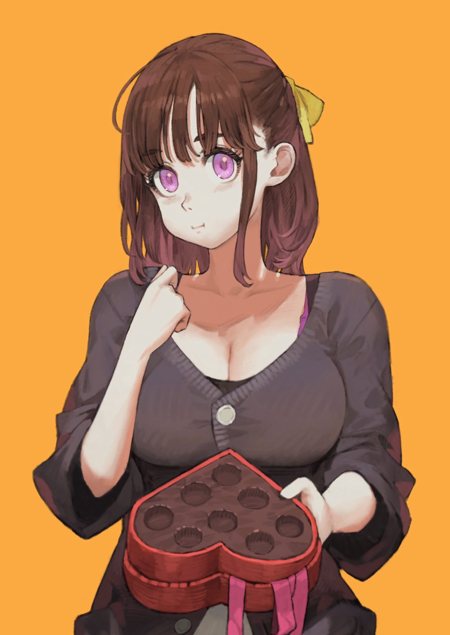 1girl blush box box_of_chocolates brown_hair candy chocolate chocolate_heart food gift heart heart-shaped_box highres holding holding_box holding_gift jun_(seojh1029) looking_at_viewer original ribbon solo