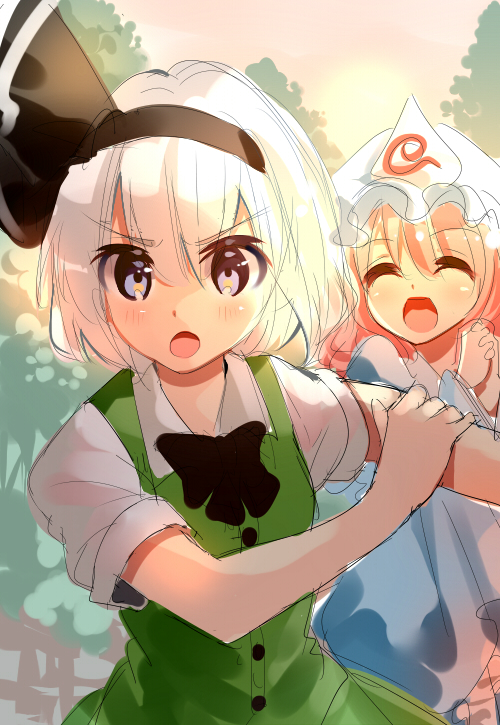 2girls blue_eyes blush closed_eyes dress hair_ornament hair_ribbon konpaku_youmu multiple_girls nagare open_mouth orange_hair outdoors painttool_sai_(medium) ribbon saigyouji_yuyuko short_hair short_sleeves sun touhou white_hair