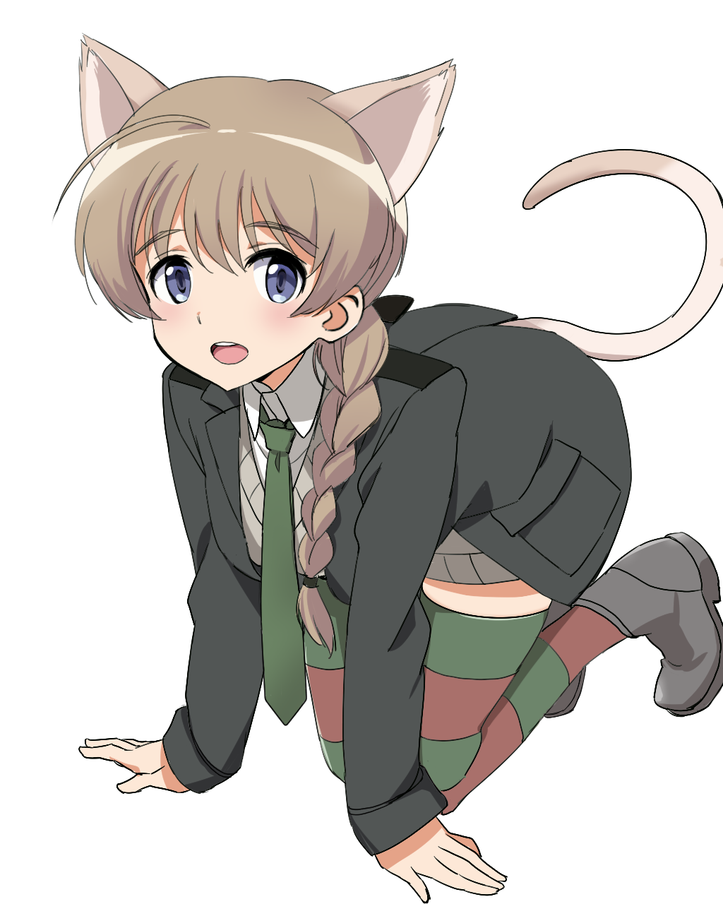 1girl ahoge all_fours animal_ears black_footwear black_jacket blue_eyes boots braid brown_hair cat_ears cat_tail green_neckwear grey_sweater highres jacket kaneko_(novram58) long_hair lynette_bishop necktie open_mouth ponytail shirt simple_background smile solo strike_witches striped striped_legwear sweater tail thigh-highs white_background white_shirt world_witches_series