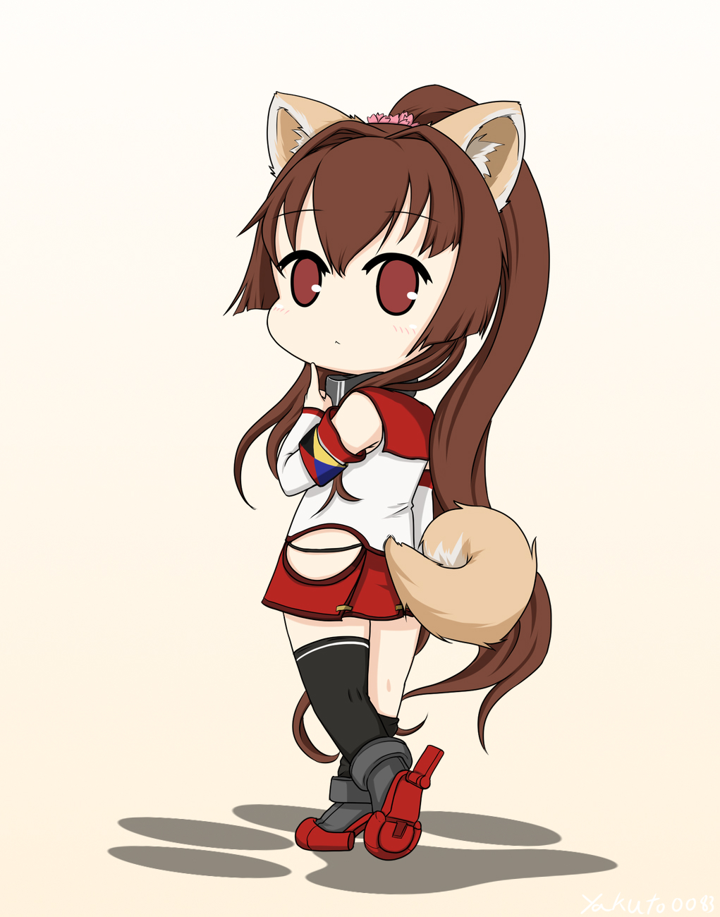 1girl animal_ears beige_background black_legwear brown_eyes brown_hair cherry_blossoms commentary detached_sleeves dog_ears dog_tail full_body highres hip_vent kantai_collection kemonomimi_mode long_hair ponytail rudder_footwear simple_background single_thighhigh solo standing tail thigh-highs yakuto007 yamato_(kantai_collection) z_flag