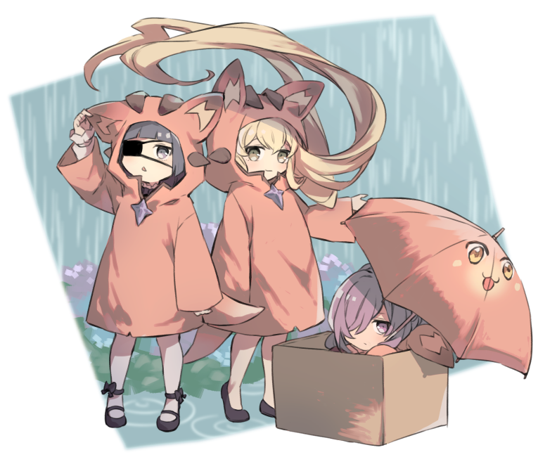 3girls animal_ears black_hair blonde_hair blush box cardboard_box commentary_request eyepatch fake_animal_ears flower granblue_fantasy hair_over_one_eye hydrangea loafers long_hair long_sleeves looking_at_viewer lunalu_(granblue_fantasy) mary_janes melissabelle miyashirorin multiple_girls nio_(granblue_fantasy) open_mouth purple_hair rain raincoat shoes smile standing tail umbrella vee_(granblue_fantasy) very_long_hair