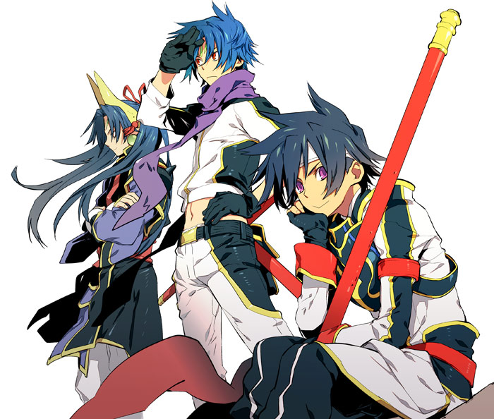 3boys arm_up armband armor belt black_gloves black_hair blue_hair character_request closed_mouth crossed_arms facial_mark fingerless_gloves fingernails frown gloves gradient gradient_clothes hand_on_hip headband holding holding_staff holding_weapon long_hair multiple_boys navel purple_scarf red_eyes red_neckwear scarf shinrabanshou simple_background sitting smile staff standing sumi_hei violet_eyes weapon white_background white_headband