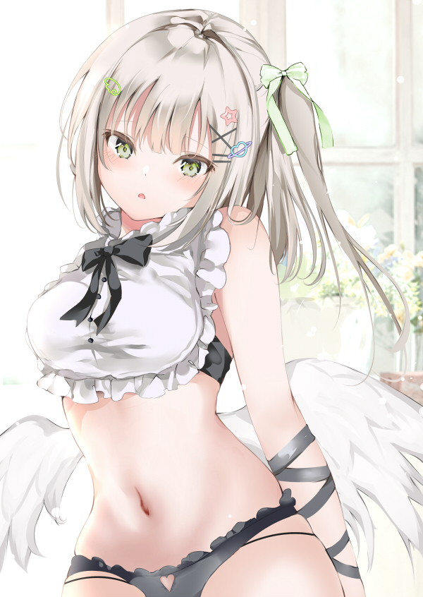 1girl angel_wings bare_shoulders black_panties bow bowtie breasts feathered_wings frills green_eyes grey_hair hair_ornament hair_ribbon hairclip long_hair looking_at_viewer medium_breasts navel one_side_up original panties parted_lips pon_(ponidrop) revealing_clothes ribbon solo stomach underwear upper_body wings x_hair_ornament