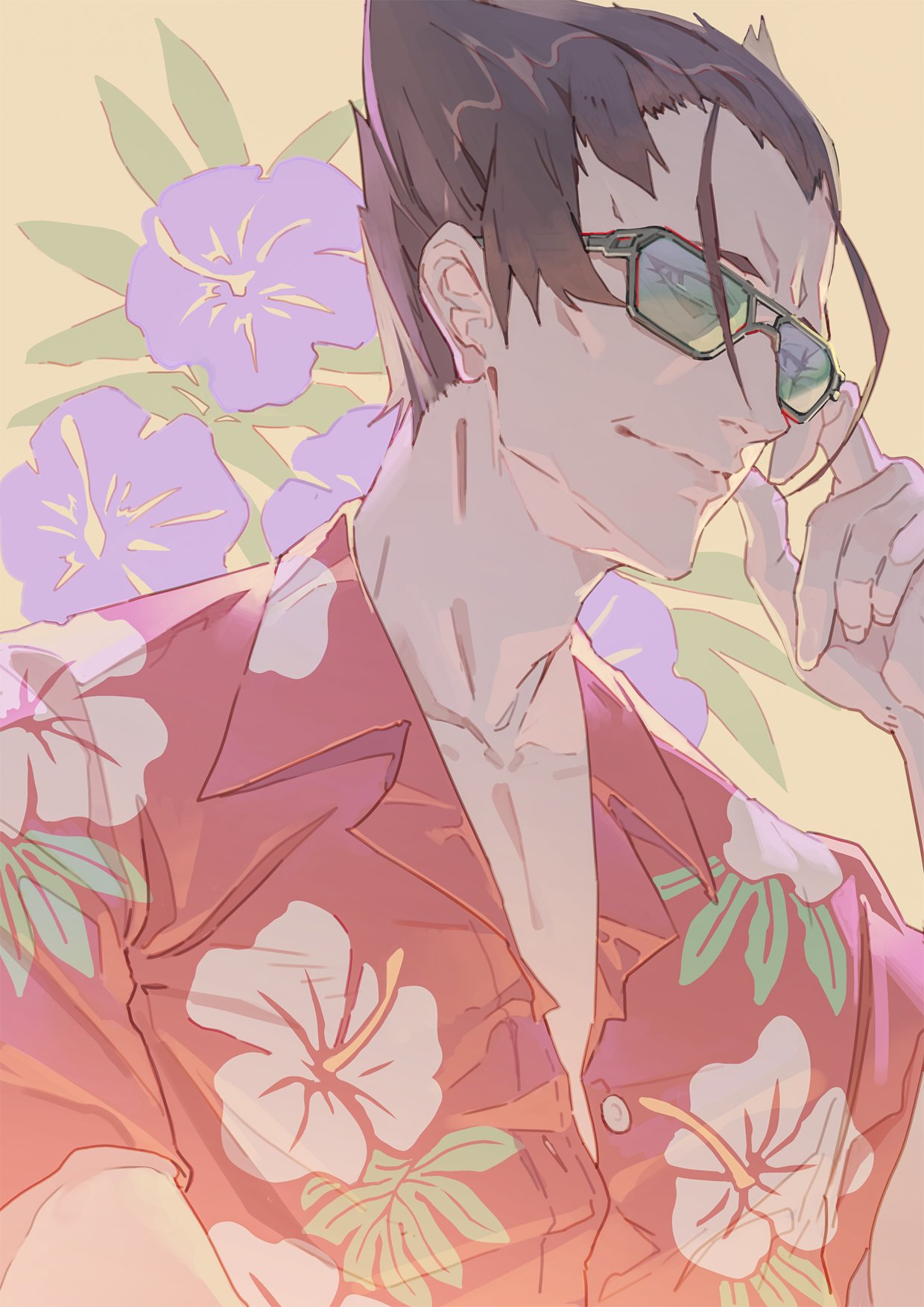 1boy adjusting_eyewear black_hair commentary floral_background floral_print flower glasses hair_slicked_back hair_strand hand_on_own_face hawaiian_shirt highres hong kaiki_deishuu koimonogatari looking_at_viewer male_focus monogatari_(series) partially_unbuttoned shirt solo sunglasses upper_body