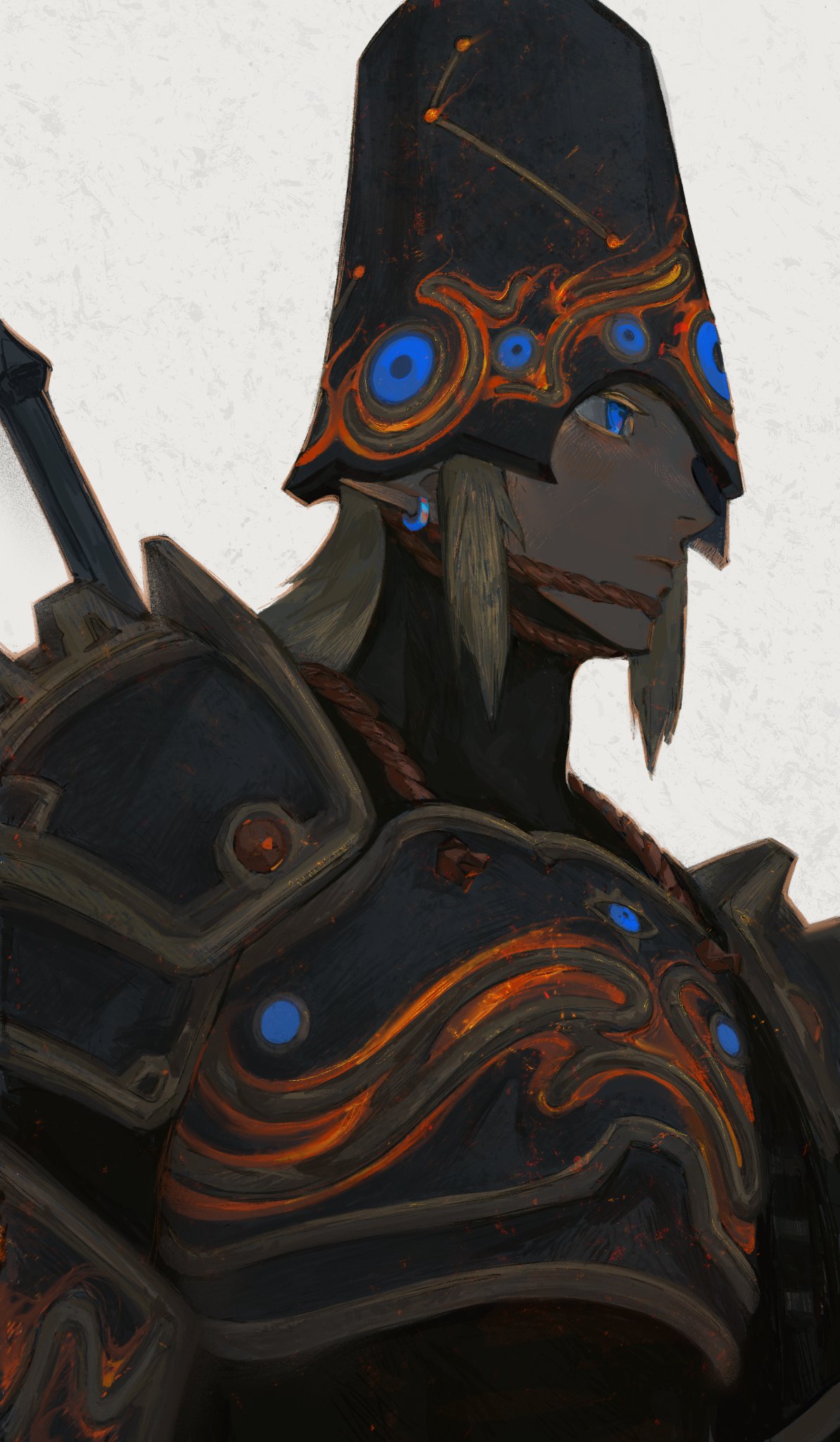 1boy armor blonde_hair blue_eyes breasts closed_mouth earrings elf helmet highres jewelry link male_focus mitus pauldrons pointy_ears shoulder_armor single_earring solo sword the_legend_of_zelda the_legend_of_zelda:_breath_of_the_wild turtleneck upper_body weapon weapon_on_back