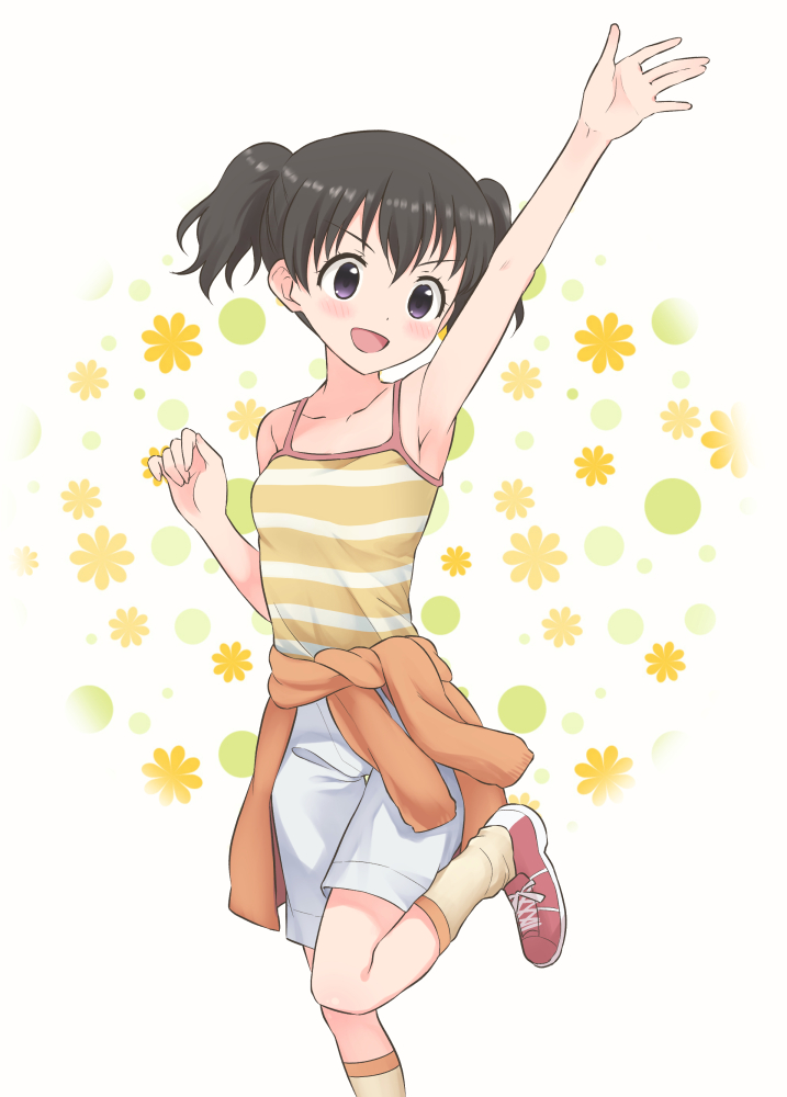 1girl :d arm_up armpits bare_arms bare_shoulders black_hair blush breasts clothes_around_waist commentary_request feet_out_of_frame kuraue_hinata looking_to_the_side meis_(terameisu) open_mouth red_footwear shoes shorts small_breasts smile sneakers socks solo standing standing_on_one_leg striped striped_camisole twintails violet_eyes white_background white_shorts yama_no_susume yellow_legwear