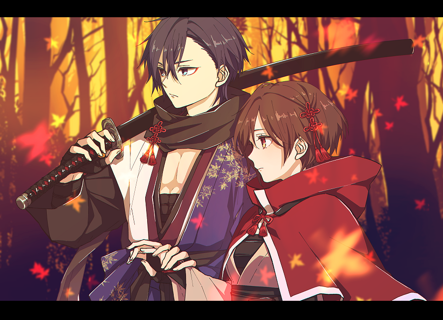 1boy 1girl black_gloves black_scarf blue_eyes blue_hair blue_kimono brown_eyes brown_hair cape commentary expressionless eyeliner falling_leaves fingerless_gloves floral_print forest from_side gloves hair_ornament hina_yutsuki holding holding_hands holding_sword holding_weapon hood hooded_cape japanese_clothes kaito kimono leaf makeup maple_leaf meiko nature over_shoulder red_cape scarf sheath sheathed sword sword_over_shoulder tree tsugai_kogarashi_(vocaloid) upper_body vocaloid weapon weapon_over_shoulder