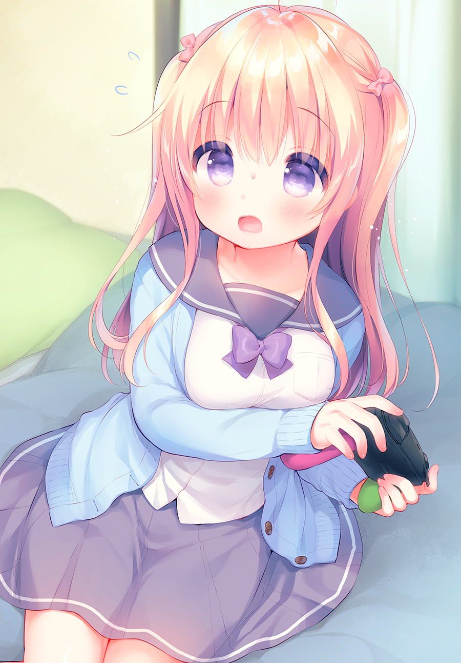 1girl ahoge blonde_hair blue_cardigan blush bow breasts cardigan commentary_request controller curtains flying_sweatdrops game_controller grey_sailor_collar grey_skirt hair_bow highres indoors long_hair long_sleeves looking_away medium_breasts on_bed open_cardigan open_clothes open_mouth original pillow pink_bow pleated_skirt purple_bow sailor_collar school_uniform serafuku shirt sitting sitting_on_bed skirt sleeves_past_wrists solo sweat two_side_up usashiro_mani very_long_hair white_shirt