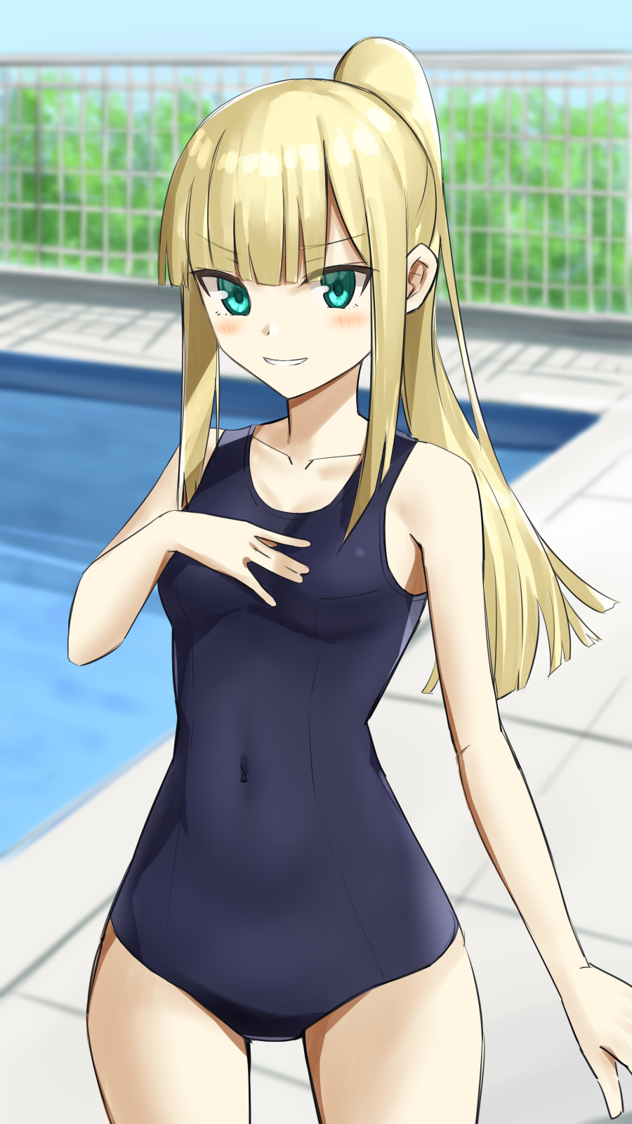 1girl alternate_costume bangs bare_arms blonde_hair blue_swimsuit blurry blurry_background blush breasts collarbone commentary_request covered_navel cowboy_shot day elfenlied22 eyebrows_visible_through_hair fate_(series) green_eyes high_ponytail highres long_hair looking_at_viewer lord_el-melloi_ii_case_files one-piece_swimsuit outdoors ponytail pool poolside reines_el-melloi_archisorte school_swimsuit small_breasts smile solo swimsuit