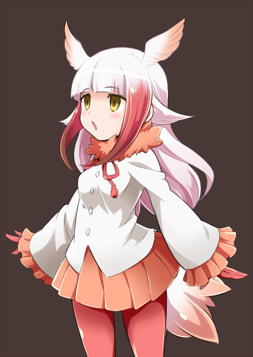 1girl :o bangs blunt_bangs blush commentary_request eyebrows_visible_through_hair fur_collar gloves head_wings japanese_crested_ibis_(kemono_friends) kemono_friends long_hair long_sleeves misashi_(raichi821) multicolored_hair open_mouth orange_skirt pantyhose pleated_skirt red_gloves red_legwear redhead shiny shiny_hair shirt skirt solo tail two-tone_hair white_hair yellow_eyes