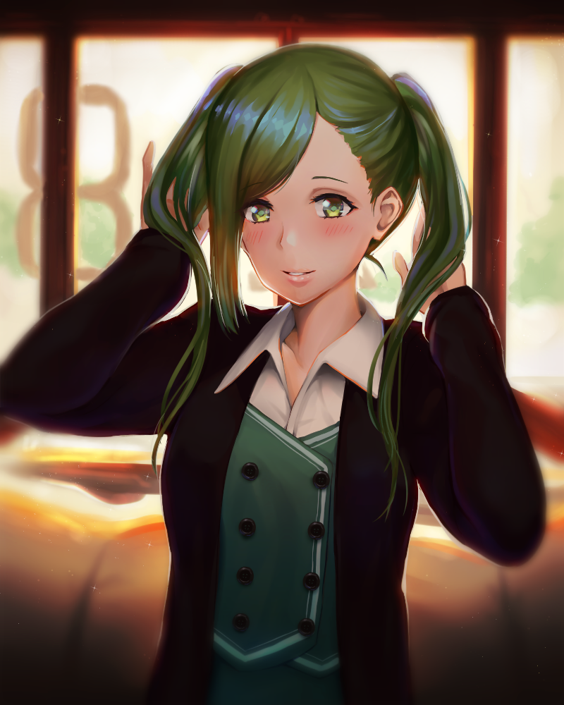 1girl blurry blurry_background blush green_eyes green_hair green_vest hand_up hands_up idolmaster idolmaster_shiny_colors indoors lanzer long_hair nanakusa_hazuki office_lady solo twintails twintails_day upper_body vest