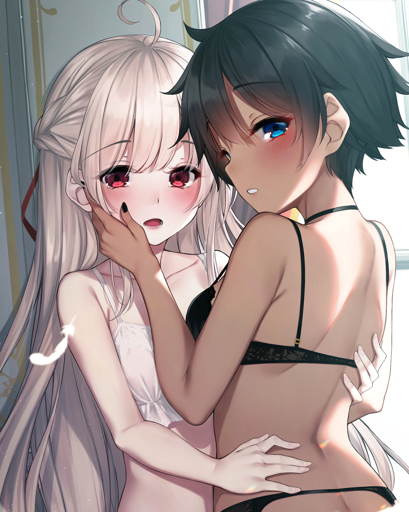 2girls ahoge armpit_crease bare_arms bare_shoulders black_bra black_choker black_hair black_nails blue_eyes bra braid breasts choker collarbone dark_skin feathers garter_belt hand_on_another's_cheek hand_on_another's_face long_hair looking_at_viewer looking_back multiple_girls nail_polish open_mouth original parted_lips red_eyes rerrere short_hair silver_hair small_breasts strap_gap underwear underwear_only upper_body white_bra yuri