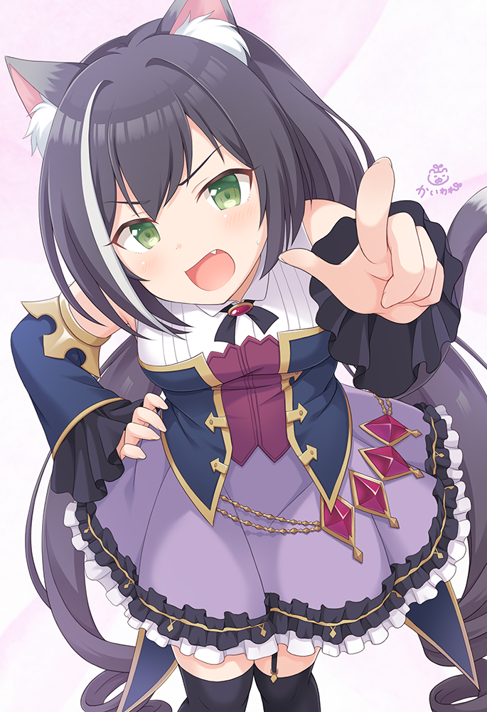1girl :d animal_ear_fluff animal_ears bare_shoulders black_hair blue_sleeves blush cat_ears commentary_request detached_sleeves fang hand_on_hip head_tilt kaiware-san karyl_(princess_connect!) long_hair long_sleeves low_twintails multicolored_hair open_mouth pointing pointing_at_viewer princess_connect! princess_connect!_re:dive purple_skirt shirt skirt sleeveless sleeveless_shirt smile solo streaked_hair twintails very_long_hair white_hair white_shirt wide_sleeves