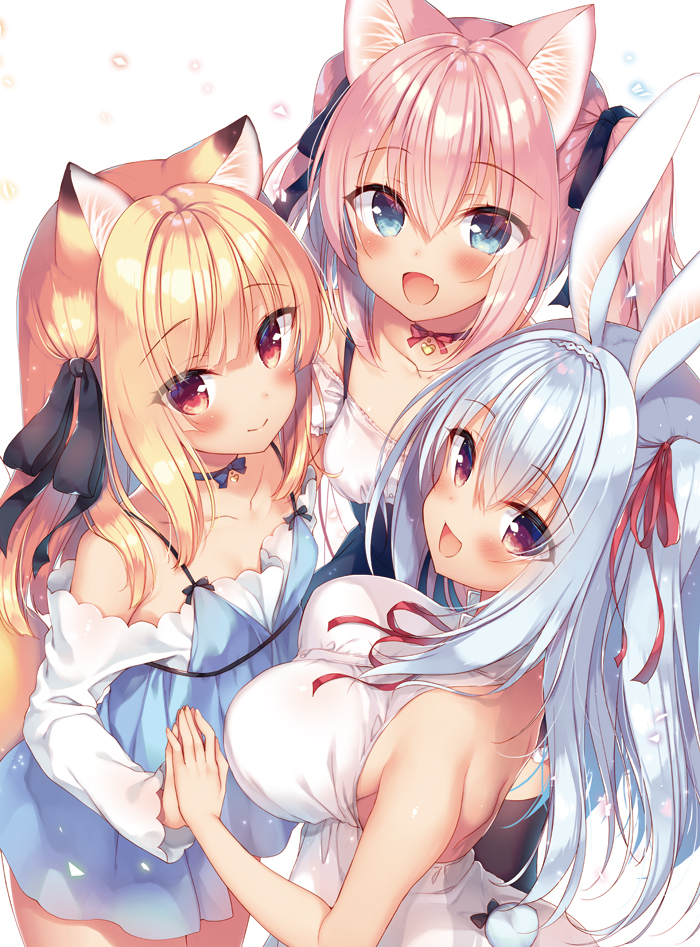 3girls animal_ear_fluff animal_ears bangs bare_shoulders black_ribbon blonde_hair blue_dress blush breasts cat_ears collarbone commentary dress eyebrows_visible_through_hair fang flat_chest hair_between_eyes hair_ribbon hands_together large_breasts light_particles long_hair long_sleeves looking_at_viewer multiple_girls neck_ribbon off-shoulder_shirt off_shoulder open_mouth original pink_hair rabbit_ears red_ribbon ribbon sazaki_ichiri shirt sidelocks silver_hair simple_background skin_fang small_breasts smile spaghetti_strap twintails upper_body white_background white_shirt