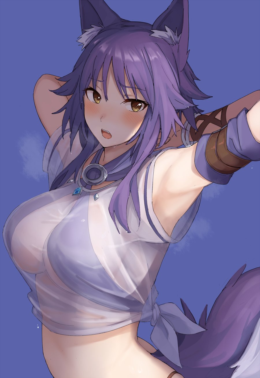 1girl animal_ear_fluff animal_ears arm_belt arm_strap armpits arms_behind_head arms_up bangs bikini bikini_under_clothes blue_background blush breasts brown_eyes criss-cross_halter halterneck highres large_breasts looking_at_viewer makoto_(princess_connect!) medium_hair mobu open_mouth princess_connect! princess_connect!_re:dive purple_bikini purple_hair see-through shirt short_sleeves sidelocks simple_background steam steaming_body sweat swimsuit tail tied_shirt white_shirt wolf_ears wolf_girl wolf_tail