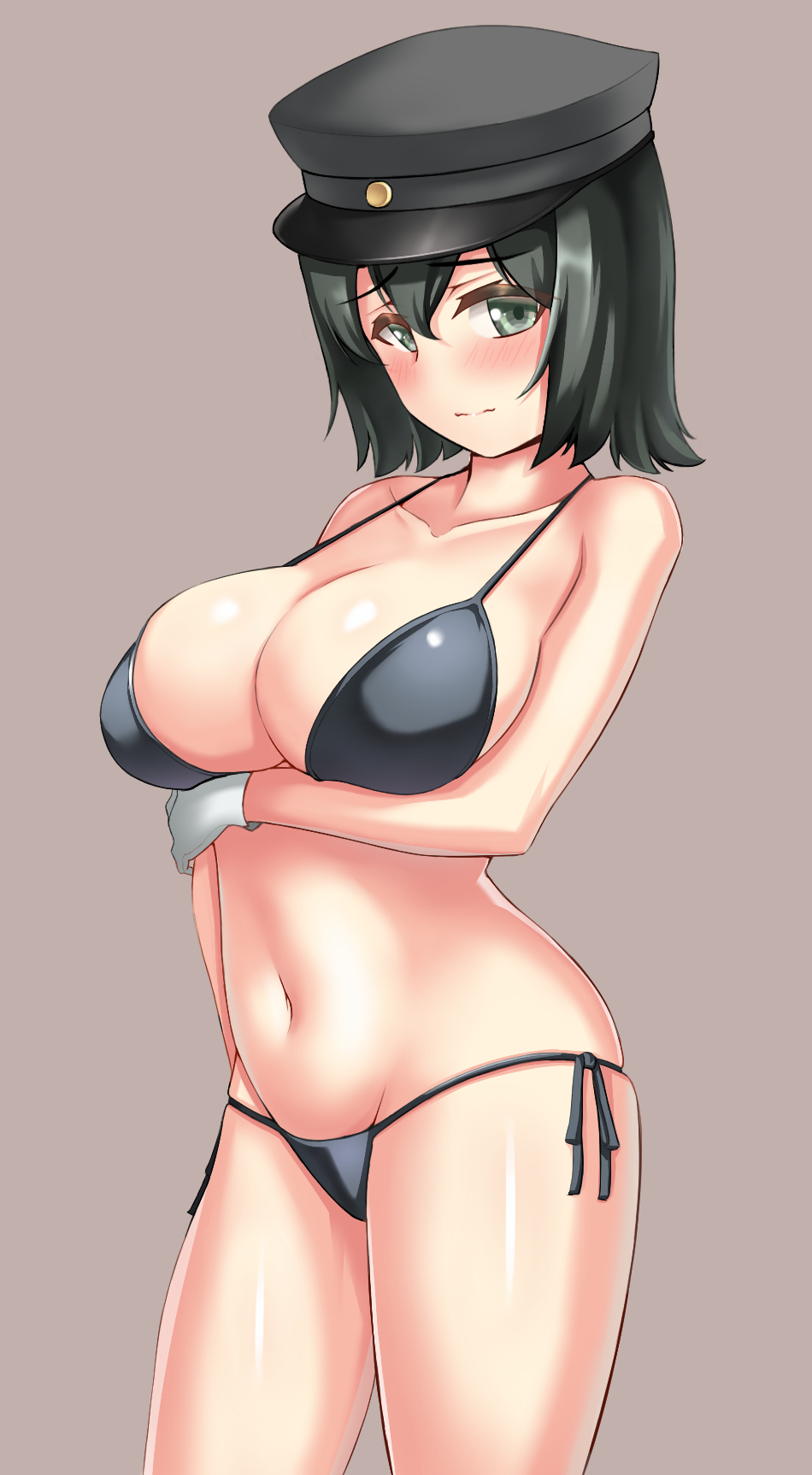 1girl akitsu_maru_(kantai_collection) bikini black_bikini black_eyes black_hair black_headwear breasts commentary_request cowboy_shot gloves grey_background hat hemosianin highres kantai_collection large_breasts military_hat peaked_cap short_hair side-tie_bikini simple_background solo standing swimsuit white_gloves