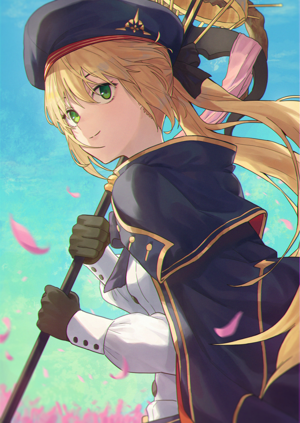 1girl 7aehyun artoria_pendragon_(all) artoria_pendragon_(caster) bangs beret blonde_hair blue_capelet blue_headwear blue_sky breasts buttons cape capelet closed_mouth dress fate/grand_order fate_(series) gloves green_eyes hat highres holding holding_staff long_hair long_sleeves looking_at_viewer multicolored multicolored_cape multicolored_capelet multicolored_clothes petals sky small_breasts smile staff twintails white_dress