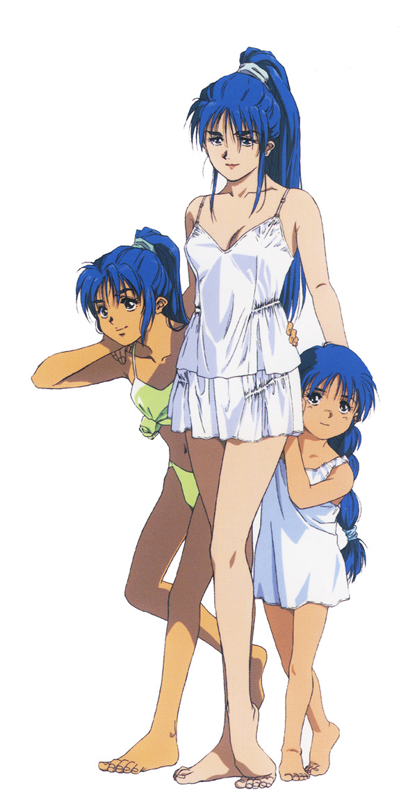 1990s_(style) 3girls barefoot blouse blue_eyes blue_hair hand_on_another's_hip hand_on_another's_shoulder heel_raised high_ponytail long_hair low-tied_long_hair mikimoto_haruhiko multiple_girls nataruma navel official_art orguss_02 scan shirt smile standing white_shirt