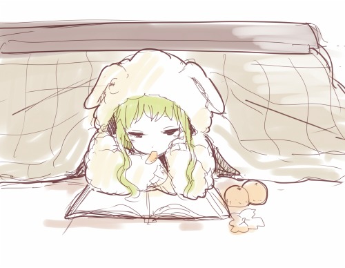 1girl akka arm_support book commentary food fruit green_hair gumi half-closed_eyes head_rest hooded_pajamas kotatsu looking_down lowres lying mandarin_orange on_stomach open_book pajamas reading sidelocks solo table under_kotatsu under_table vocaloid