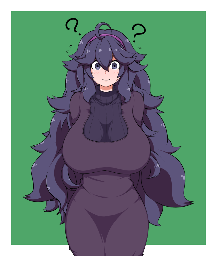1girl ? ahoge al_bhed_eyes bangs border breasts closed_mouth commentary_request dokuropg dress green_background grey_eyes hair_between_eyes hairband hex_maniac_(pokemon) huge_breasts light_blush long_hair looking_at_viewer messy_hair outside_border pokemon pokemon_(game) pokemon_xy purple_dress purple_hair purple_hairband smile solo very_long_hair white_border