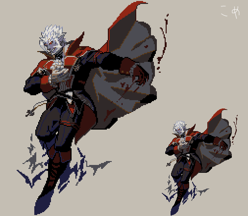 1boy bat beige_background blood blue_skin cape earrings frischenq gilzaren_iii gloves jewelry male_focus nijisanji parted_lips photoshop_(medium) pixel_art pointy_ears red_cape red_eyes simple_background slit_pupils smile solo vampire white_gloves white_hair