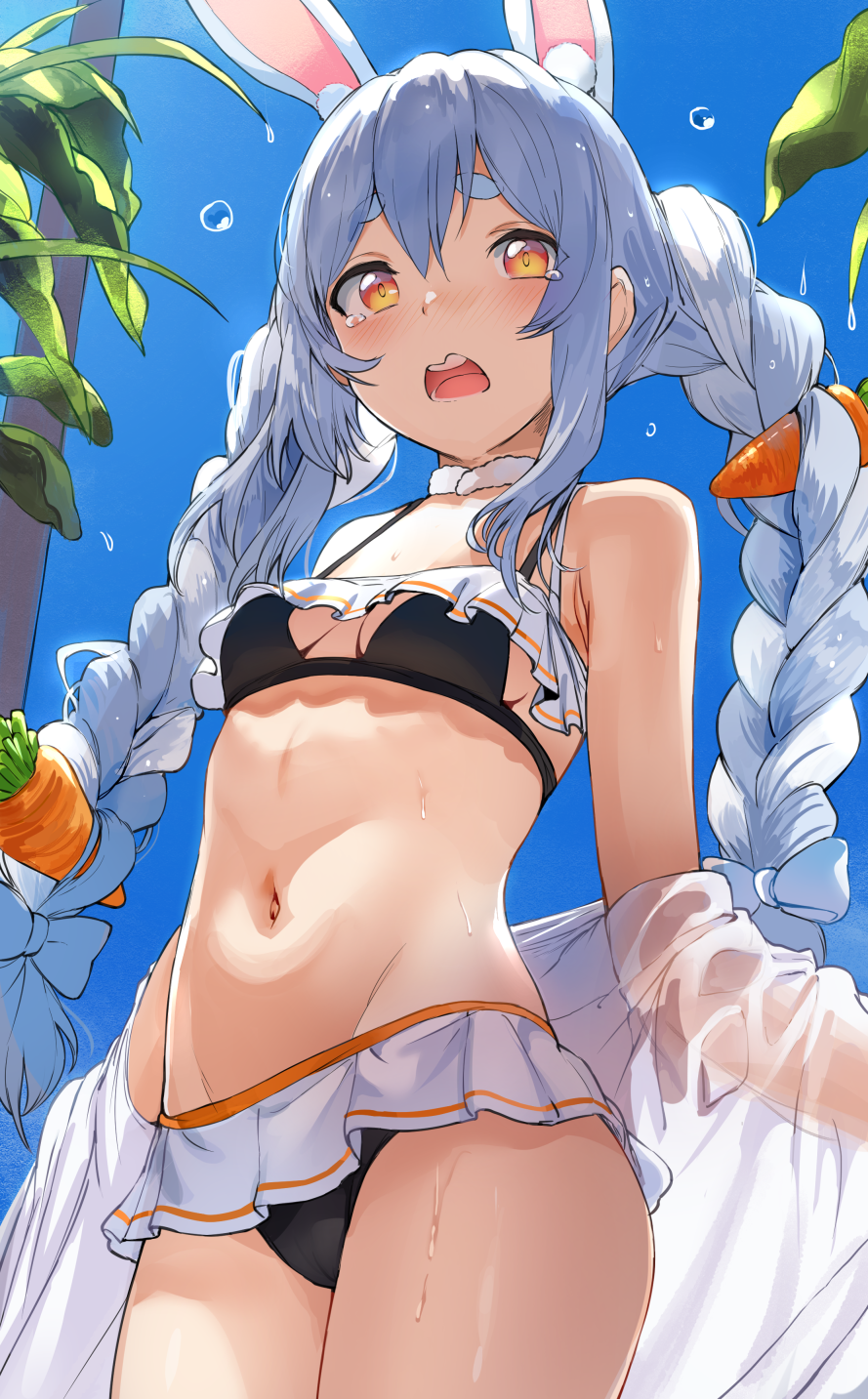 1girl animal_ears bikini bikini_skirt black_bikini blue_hair blue_sky braid breasts carrot d: eyebrows hews_hack highres hololive midriff navel open_mouth orange_eyes rabbit_ears see-through sky small_breasts solo swimsuit twin_braids usada_pekora virtual_youtuber water_drop