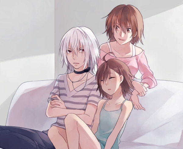 1boy 2girls accelerator ahoge albino arm_support black_legwear blue_dress bob_cut brown_eyes brown_hair choker closed_eyes collar collarbone commentary couch crossed_arms dress frown index indoors last_order looking_at_another looking_back misaka_worst multiple_girls off-shoulder_shirt off_shoulder on_couch pants parted_lips pink_shirt red_eyes sanpaku shirt short_hair side-by-side sitting sleeping sleeveless sleeveless_dress smile striped striped_shirt sundress tank_top to_aru_majutsu_no_index white_hair white_shirt white_tank_top zarutsu