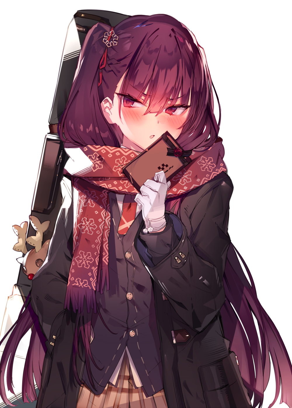 1girl blush box coat commentary_request gift gift_box girls_frontline gloves hair_ornament highres long_hair long_sleeves one_side_up open_mouth purple_hair red_eyes red_neckwear scarf simple_background snowflake_hair_ornament snowflake_print solo soukou_makura stuffed_animal stuffed_reindeer stuffed_toy upper_body wa2000_(girls_frontline) white_background white_gloves