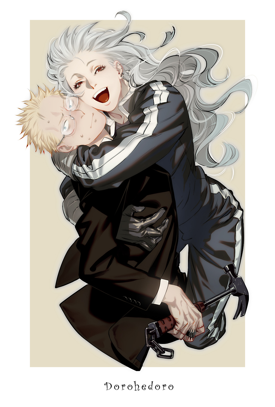 1boy 1girl copyright_name dorohedoro hammer highres hug looking_at_viewer noi_(dorohedoro) open_mouth red_eyes shin_(dorohedoro) smile sweat tall tall_female w55674570w white_hair