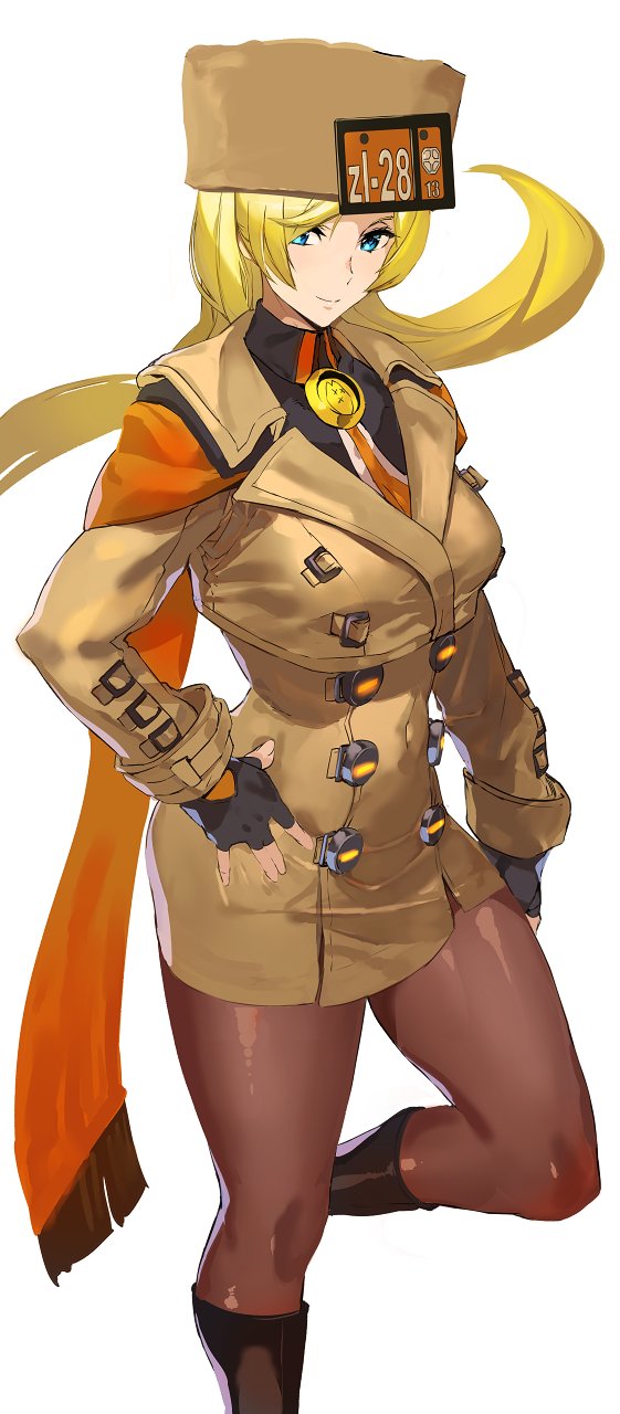 1girl ashiomi_masato bangs black_footwear black_gloves blonde_hair blue_eyes boots breasts buttons closed_mouth coat commentary_request detached_sleeves fingerless_gloves fur_hat gloves guilty_gear guilty_gear_strive hand_on_hip hat highres knee_boots long_hair long_sleeves looking_at_viewer medium_breasts millia_rage pantyhose shiny shiny_clothes shiny_hair simple_background smile solo ushanka white_background