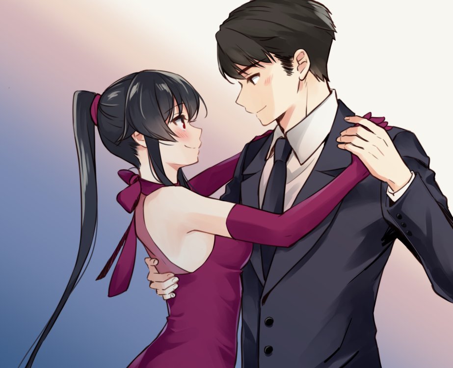 1boy 1girl admiral_(kantai_collection) alternate_costume black_hair black_neckwear dancing dress elbow_gloves eye_contact formal gloves gradient gradient_background grey_background ichinomiya_(blantte) kantai_collection long_hair looking_at_another necktie ponytail purple_dress purple_gloves red_eyes sidelocks suit upper_body white_background yahagi_(kantai_collection)