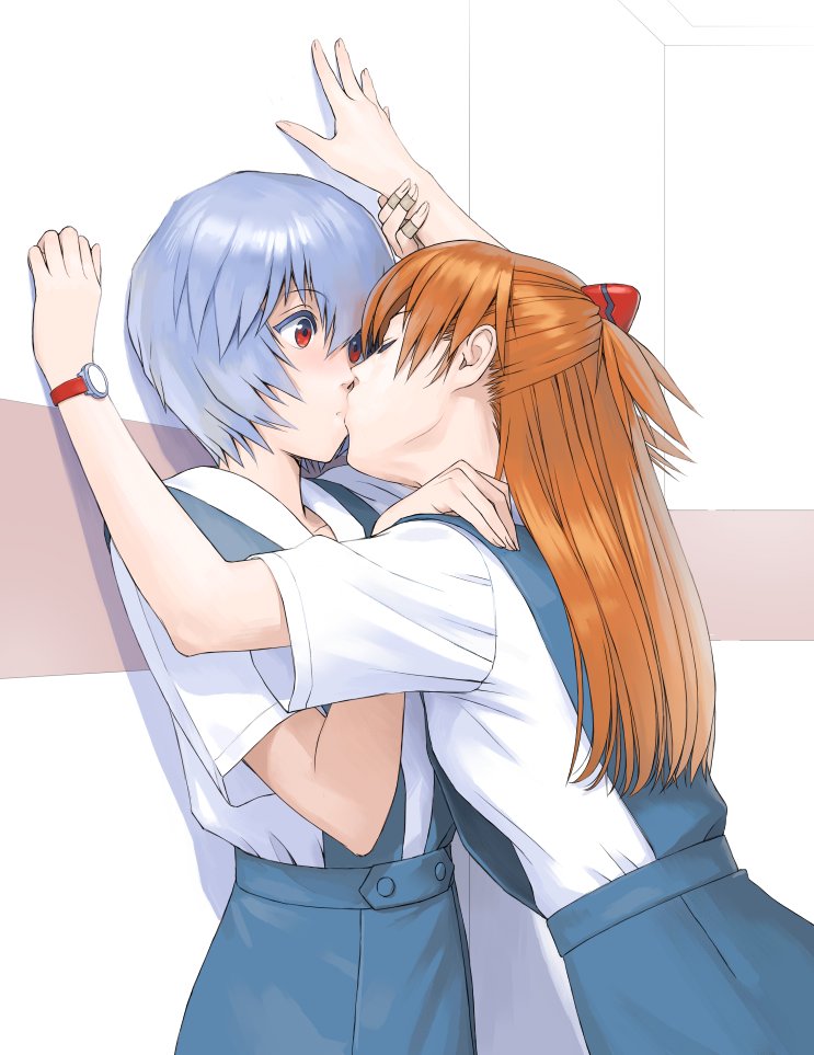 2girls against_wall arm_up ayanami_rei bandaid bandaid_on_finger bangs blue_hair blue_skirt blush brown_hair buttons colored_eyelashes commentary_request from_side hair_between_eyes hair_ornament hand_on_another's_shoulder hand_up kiss leaning_forward long_hair looking_at_another multiple_girls neon_genesis_evangelion pale_skin pleated_skirt profile red_eyes school_uniform shadow shirt short_hair short_sleeves skirt souryuu_asuka_langley standing surprise_kiss surprised suspender_skirt suspenders two_side_up upper_body wall_slam watanabe_yasuaki watch watch white_shirt wide-eyed wrist_grab yuri
