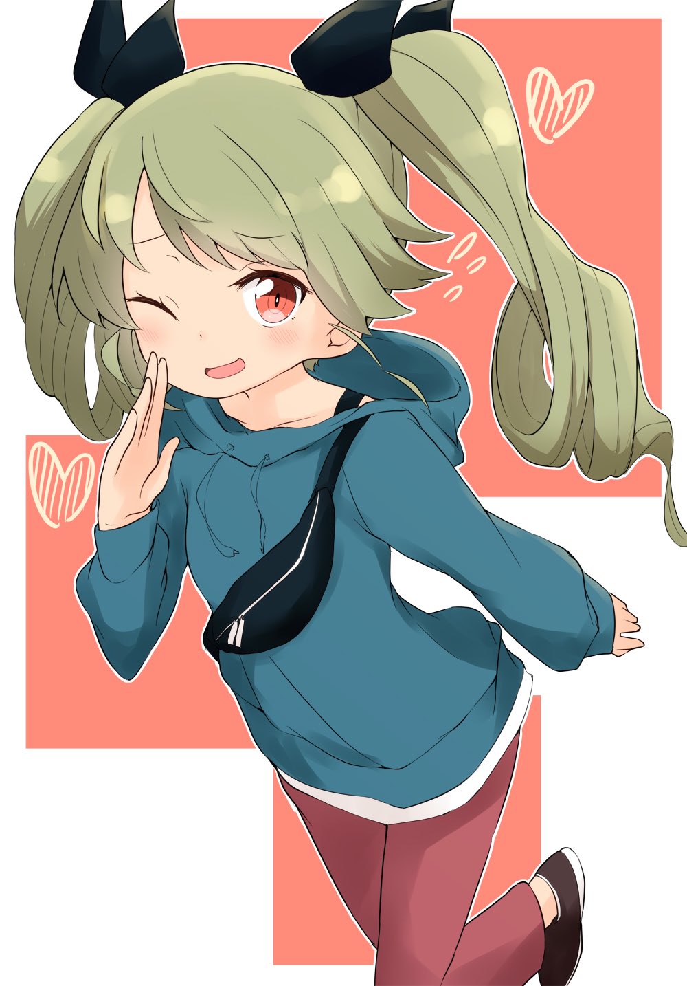 anchovy_(girls_und_panzer) bangs barashiya black_ribbon black_shorts blue_shirt carrying casual commentary drawstring drill_hair eyebrows_visible_through_hair fanny_pack flying_sweatdrops gesture girls_und_panzer green_hair hair_ribbon heart highres hood hood_down hoodie long_hair long_sleeves looking_at_viewer one_eye_closed open_mouth pants red_eyes red_pants ribbon shirt shorts smile standing standing_on_one_leg twin_drills twintails walking