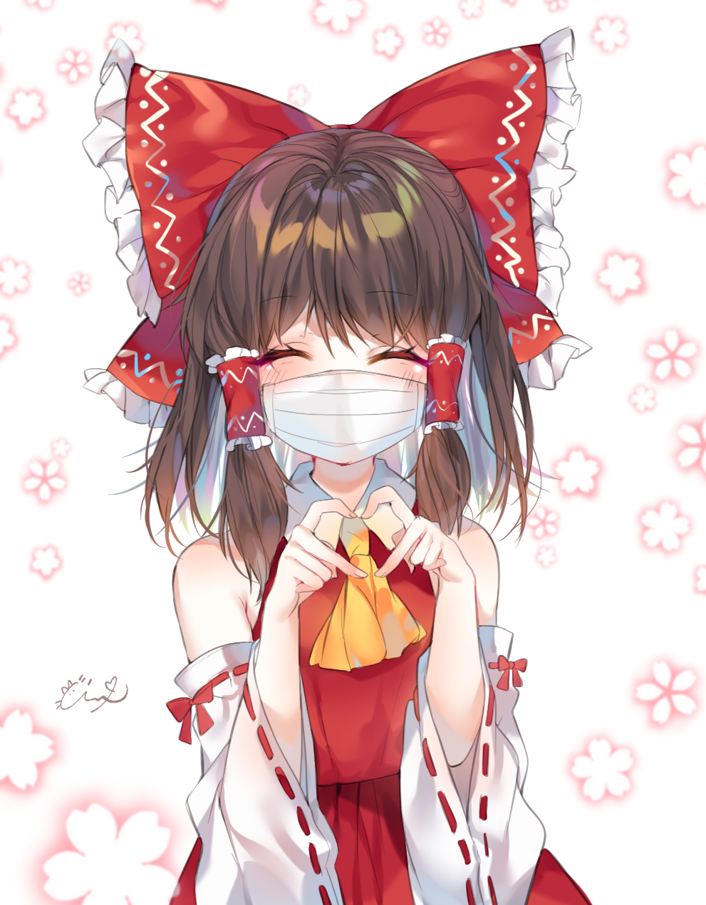 1girl bangs bare_shoulders blush bow brown_hair closed_eyes cowboy_shot cute detached_sleeves eyebrows_visible_through_hair facing_viewer floral_background frilled_bow frills hair_between_eyes hair_bow hair_tubes hakurei_reimu heart heart_hands highres large_bow long_hair long_sleeves mask mouth_mask red_bow ribbon-trimmed_sleeves ribbon_trim sidelocks solo symbol_commentary team_shanghai_alice touhou upper_body urim_(paintur) white_background wide_sleeves yellow_neckwear