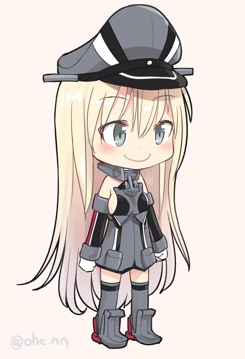 1girl ahenn bare_shoulders bismarck_(kantai_collection) blonde_hair blue_eyes detached_sleeves eyebrows_visible_through_hair full_body gloves grey_legwear hair_between_eyes hat kantai_collection long_hair long_sleeves military military_hat military_uniform peaked_cap pink_background simple_background smile solo thigh-highs twitter_username uniform white_gloves